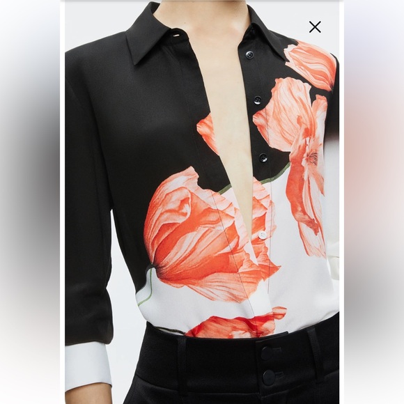 Alice + Olivia Brady Floral Slim Fit Silk Button-Up Shirt size M - Picture 2 of 10